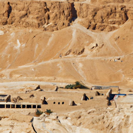 An image showcasing the formidable ancient ruins of Masada, located on a rugged desert plateau.